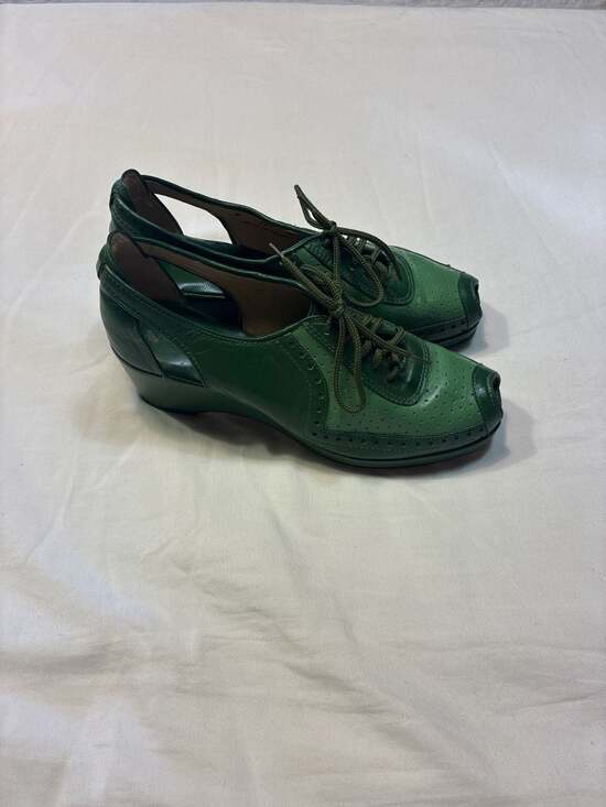 Re-Mix Vintage Shoes Spectator Green Leather Peep Toe Wedge Oxfords - Picture 2 of 11